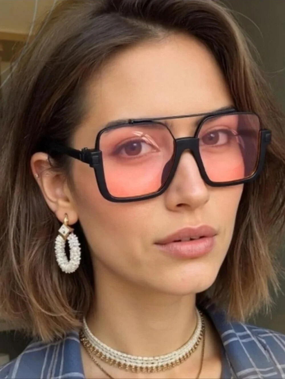 NEW Retro Oversized Sunglasses | Black & Gold | Semi Rimless - Light Tint Lenses